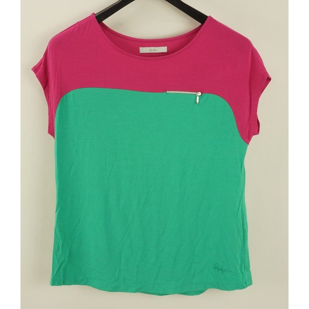 NWOT Lady Hagen Women's Size M Pink Green Colorblock Modal Jersey Round Neck Top